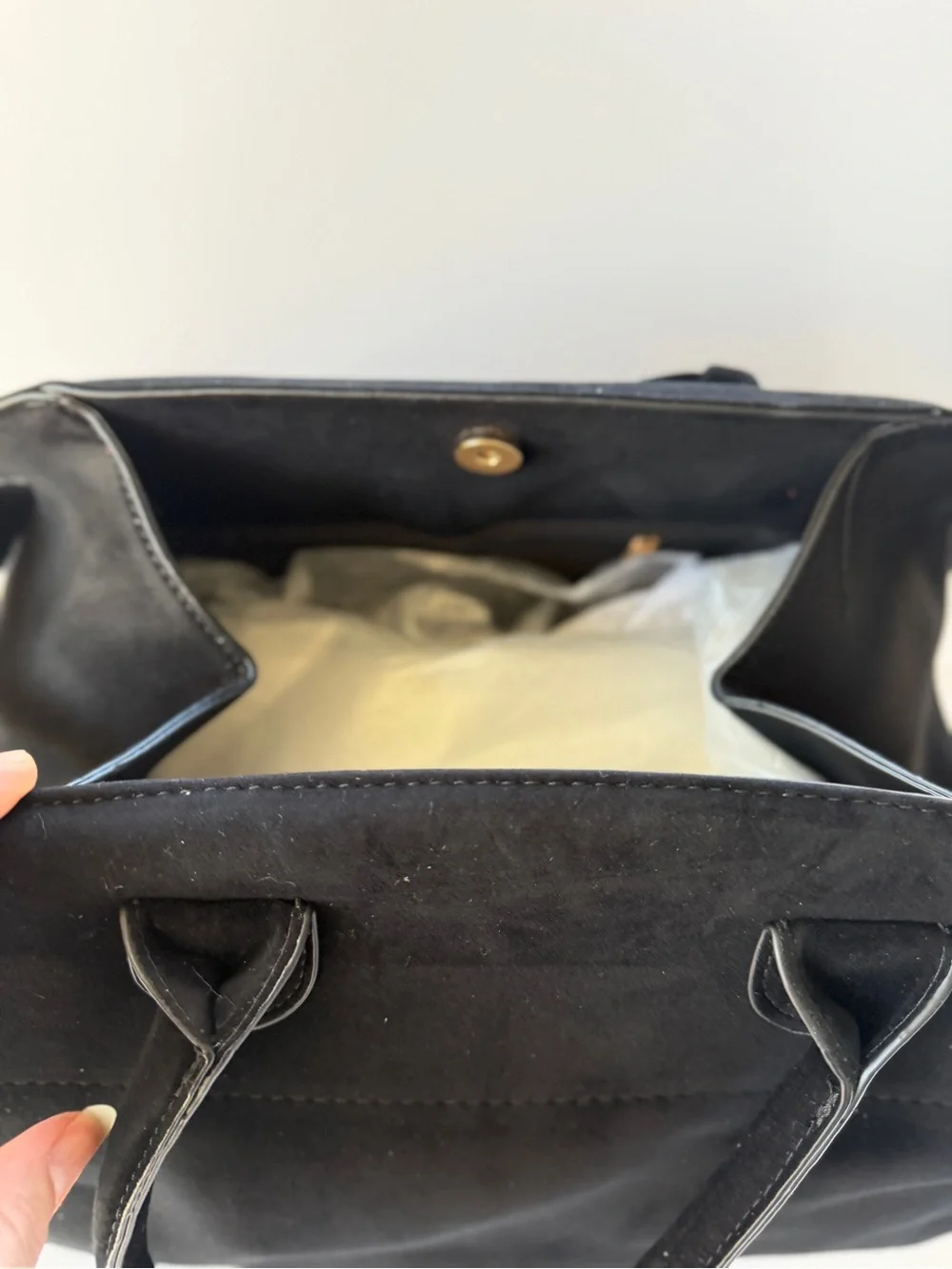 Black Top Handle Suede Satchel Handbag w/Buckle Detail Gold Hardware Zip Pocket